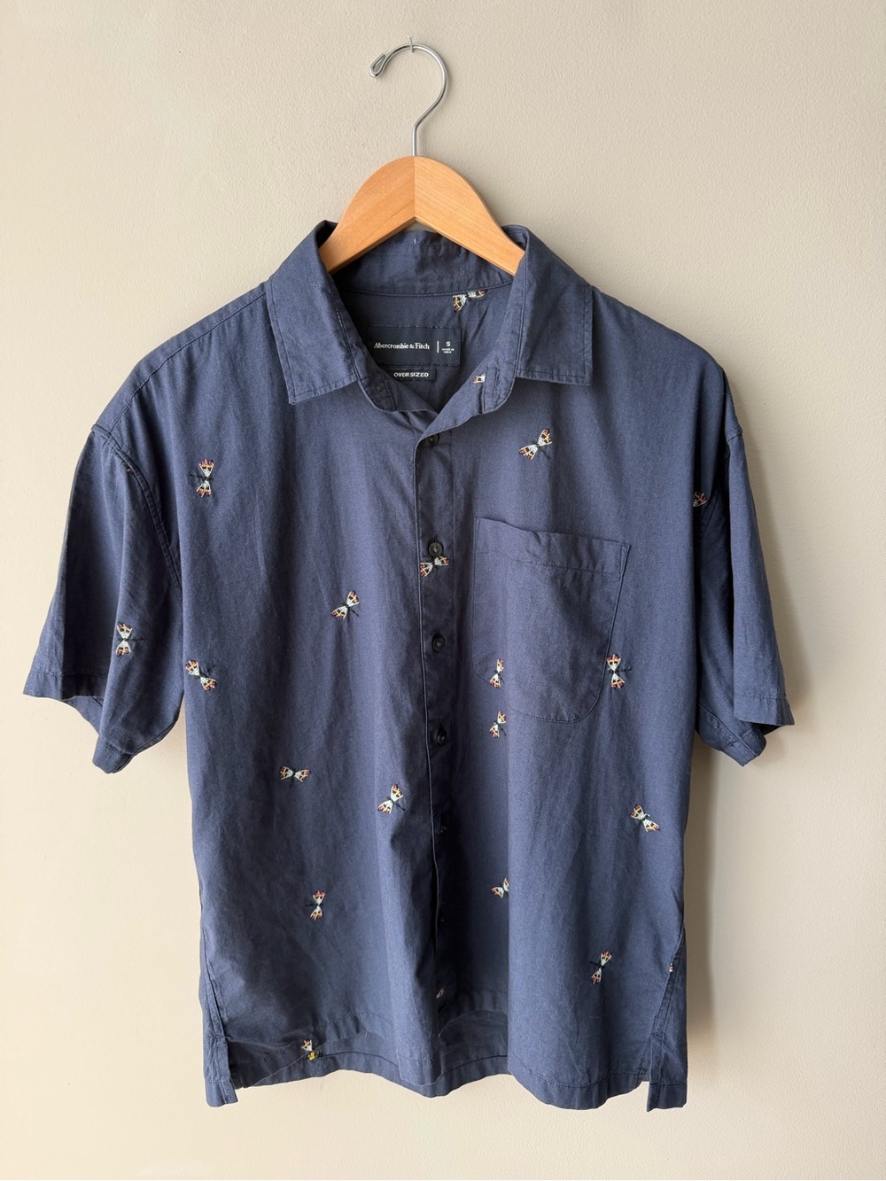 Abercrombie & Fitch Navy Short Sleeve Embroidered Button-Down Shirt